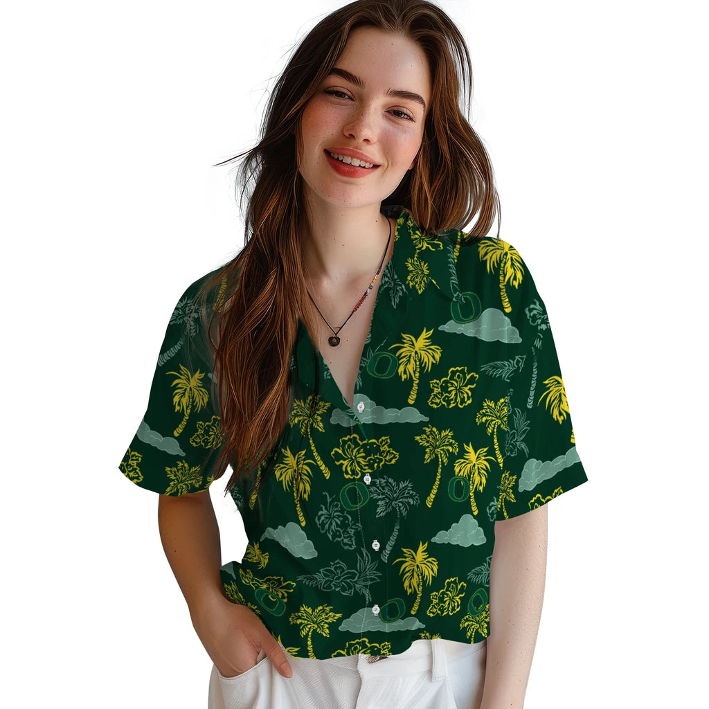 Oregon Ducks Hawaiian Shirt - Palm And Clouds | Hula Hawaiian Shirts
