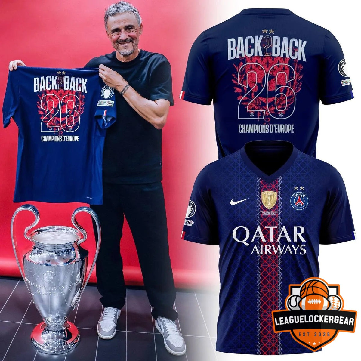 Paris Saint-Germain Back 2 Back 26 Champions d'Europe T-Shirt - LeagueLockerGear