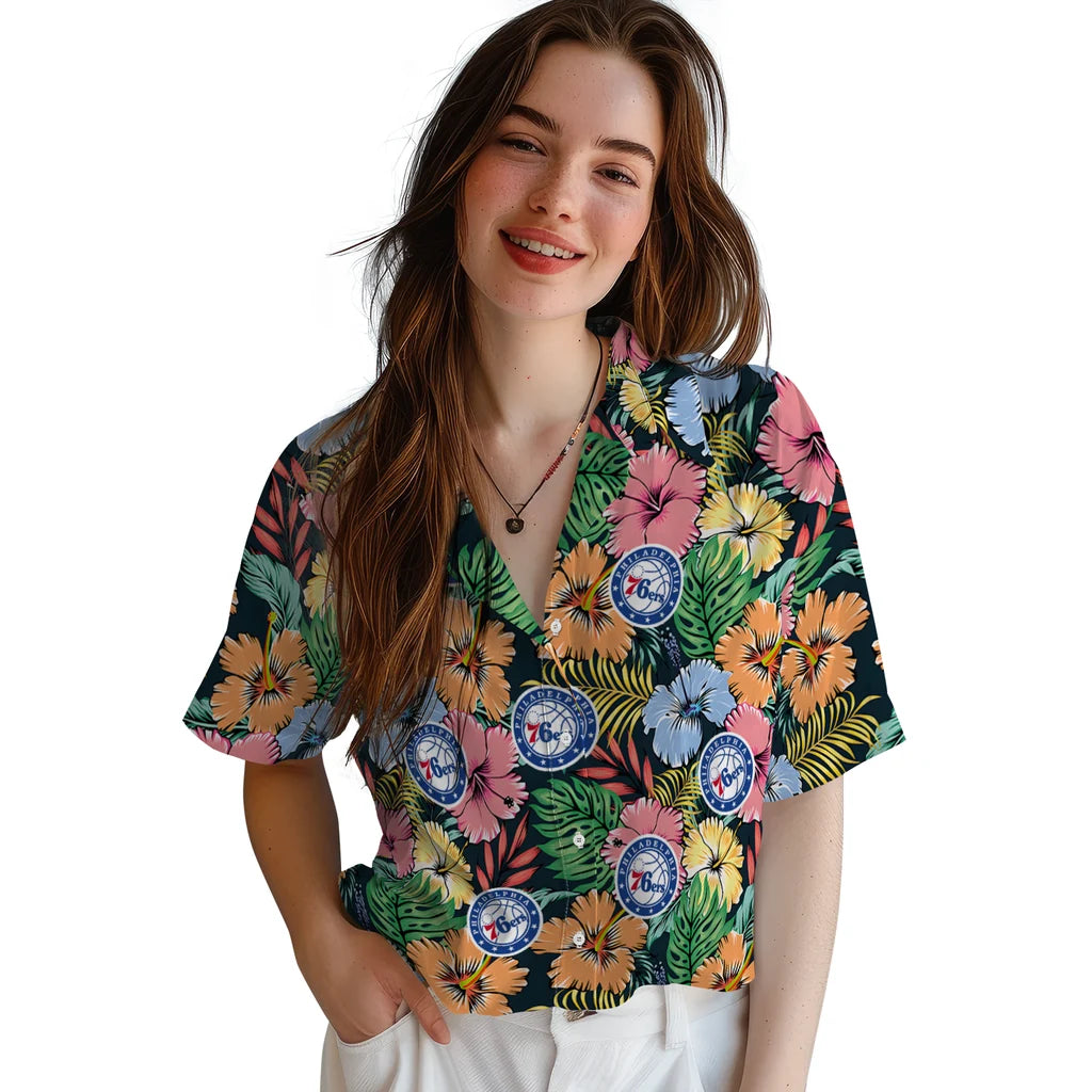 Philadelphia 76ers Hawaiian Shirt - Brilliant Hibiscus Garden | Hula Hawaiian Shirts