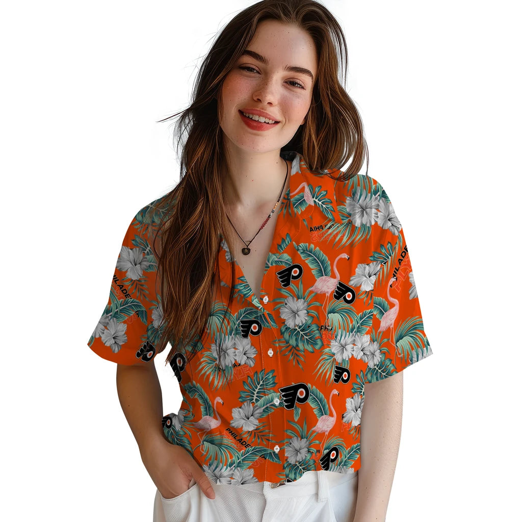 Philadelphia Flyers Hawaiian Shirt - Flamingo and Hibiscus | Hula Hawaiian Shirts
