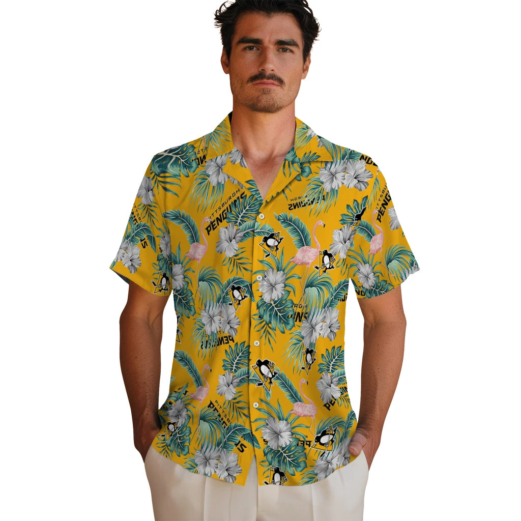Pittsburgh Penguins Hawaiian Shirt - Flamingo and Hibiscus | Hula Hawaiian Shirts