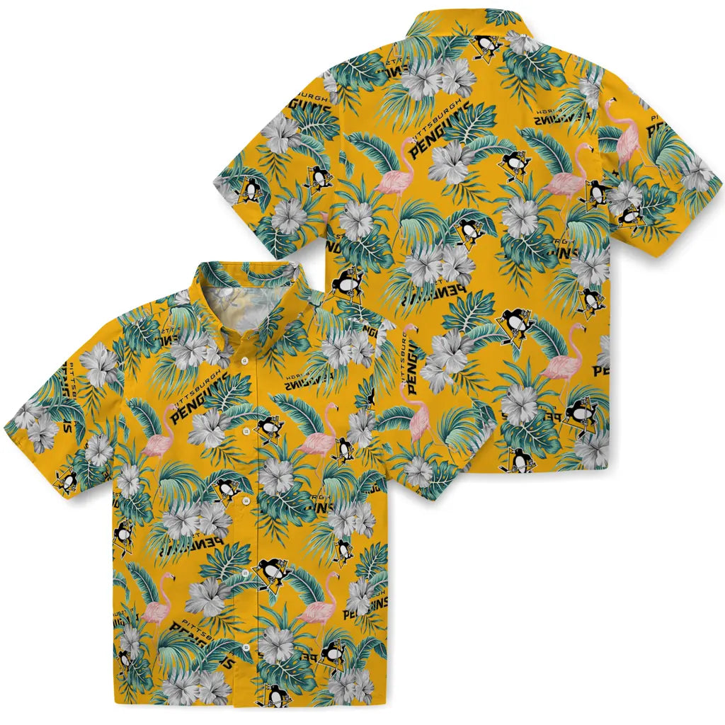 Pittsburgh Penguins Hawaiian Shirt - Flamingo and Hibiscus | Hula Hawaiian Shirts
