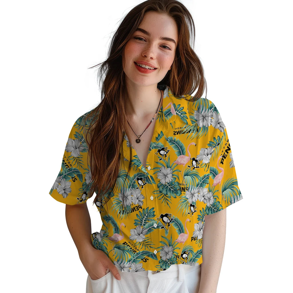 Pittsburgh Penguins Hawaiian Shirt - Flamingo and Hibiscus | Hula Hawaiian Shirts