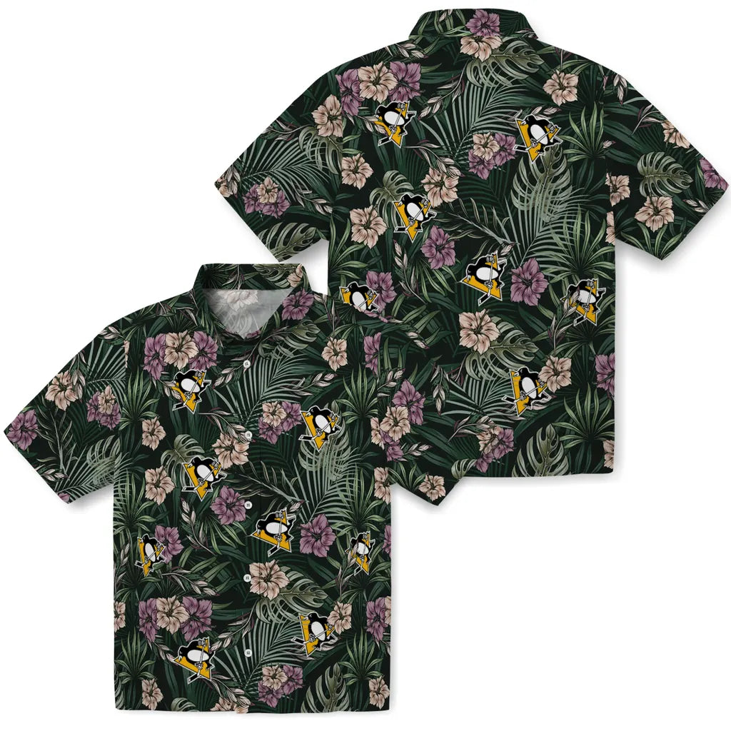 Pittsburgh Penguins Hawaiian Shirt - Hibiscus Leaves Pattern | Hula Hawaiian Shirts