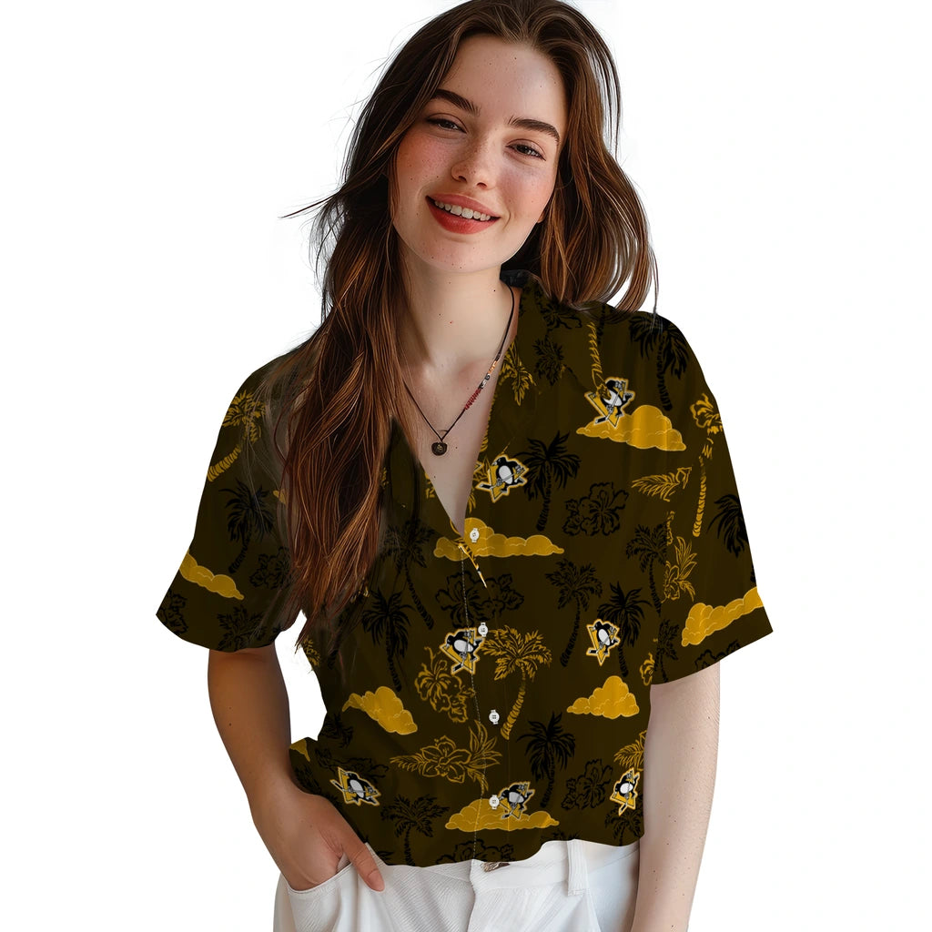 Pittsburgh Penguins Hawaiian Shirt - Palm And Clouds | Hula Hawaiian Shirts