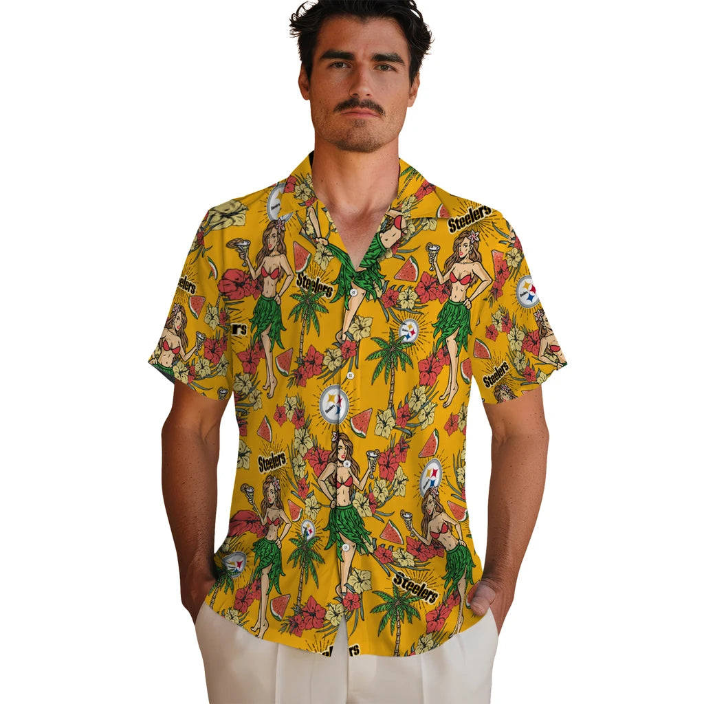 Pittsburgh Steelers Hawaiian Shirt - Hawaiian Girls Design | Hula Hawaiian Shirts