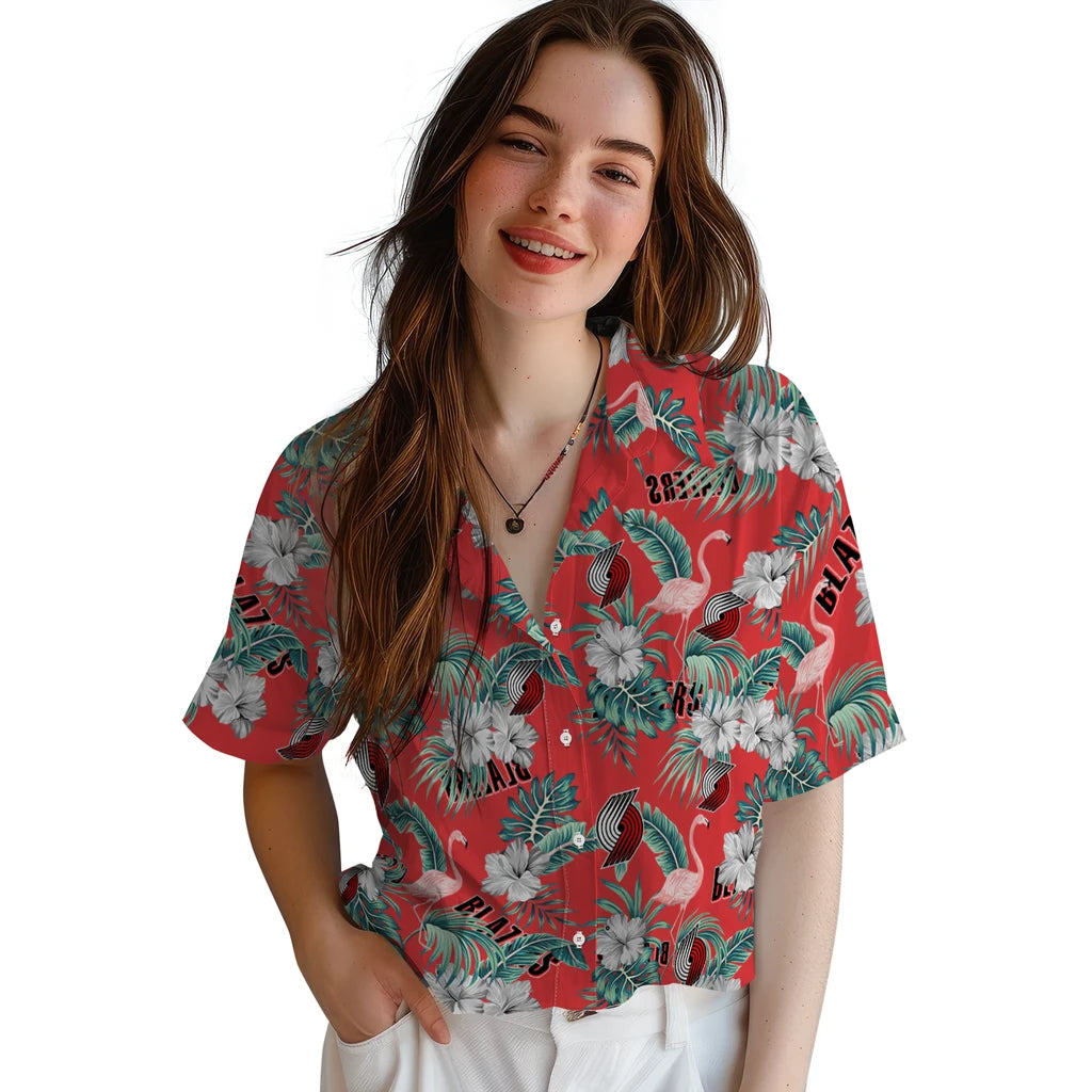 Portland Trail Blazers Hawaiian Shirt - Flamingo and Hibiscus | Hula Hawaiian Shirts