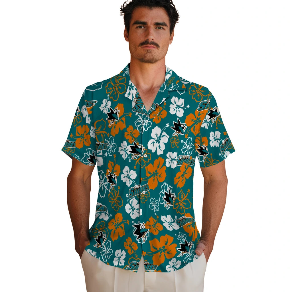 San Jose Sharks Hawaiian Shirt - Hibiscus Flower Design | Hula Hawaiian Shirts