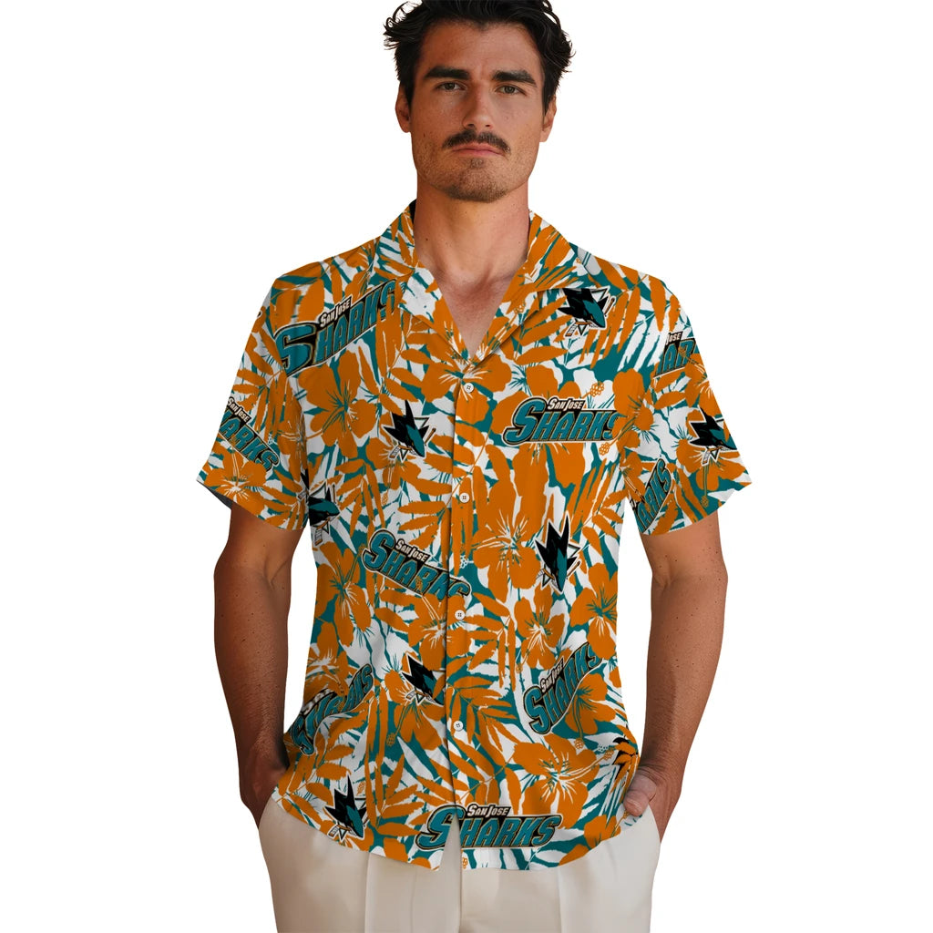 San Jose Sharks Hawaiian Shirt - Hibiscus Overlay | Hula Hawaiian Shirts