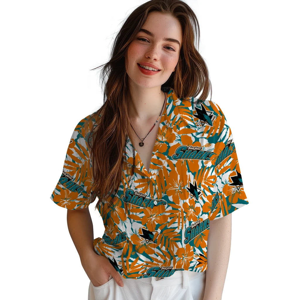San Jose Sharks Hawaiian Shirt - Hibiscus Overlay | Hula Hawaiian Shirts