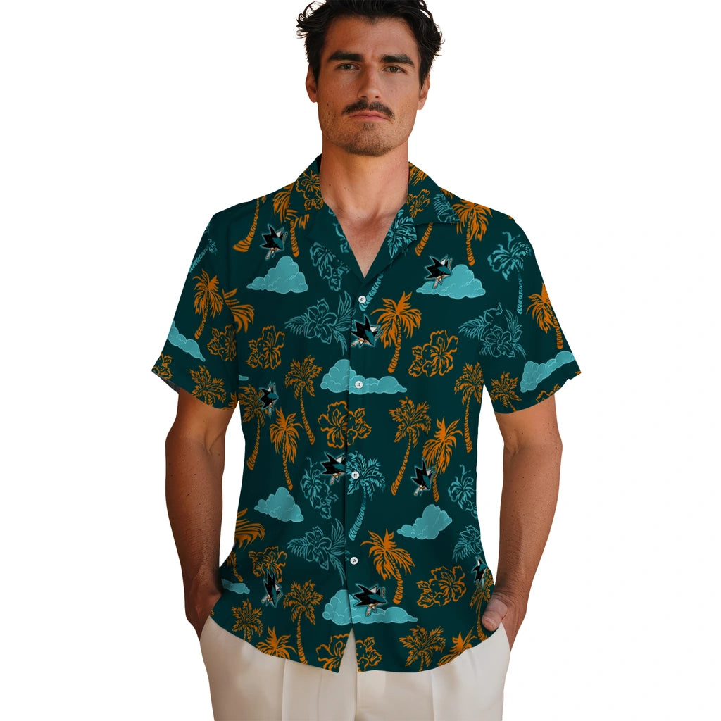 San Jose Sharks Hawaiian Shirt - Palm And Clouds | Hula Hawaiian Shirts