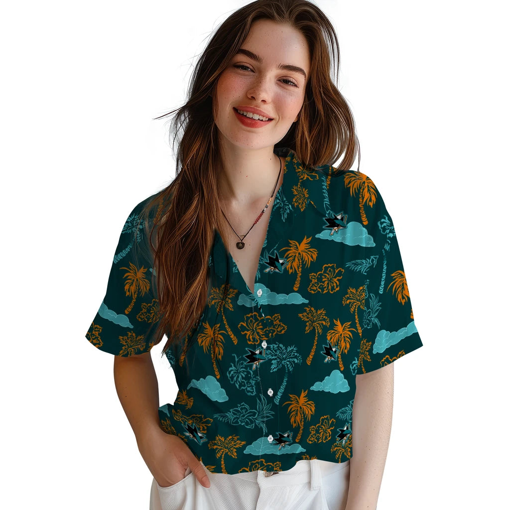 San Jose Sharks Hawaiian Shirt - Palm And Clouds | Hula Hawaiian Shirts