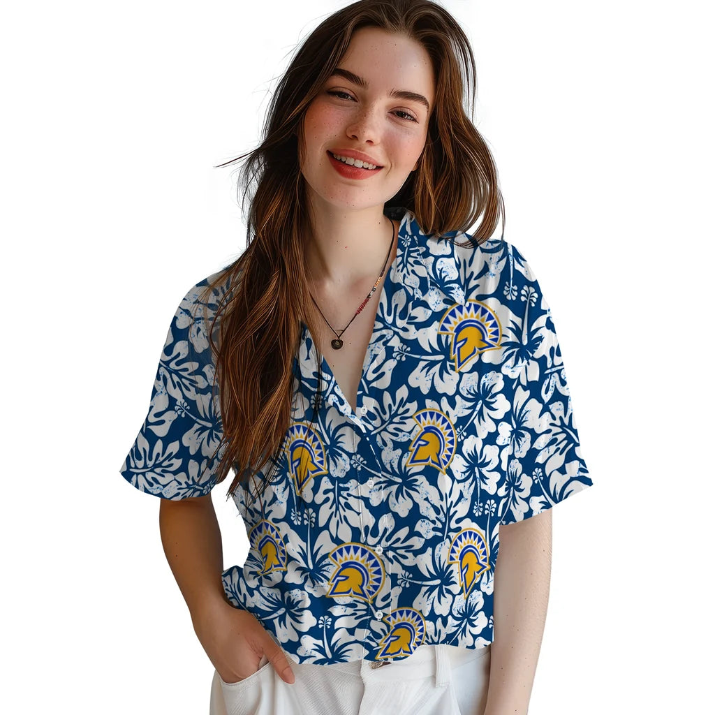 San Jose State Spartans Hawaiian Shirt - Hibiscus Motif | Hula Hawaiian Shirts