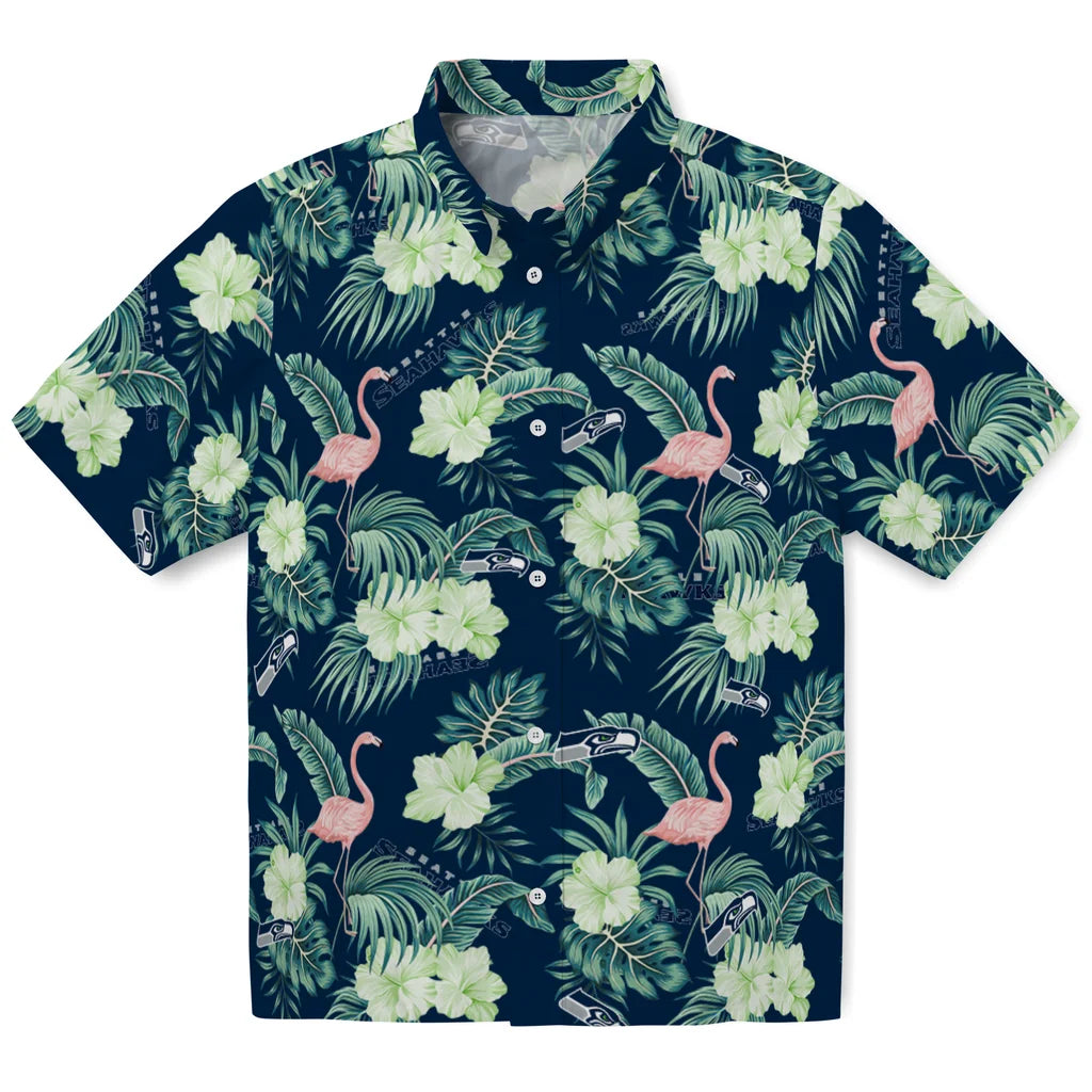 Seattle Seahawks Hawaiian Shirt - Flamingo and Hibiscus | Hula Hawaiian Shirts