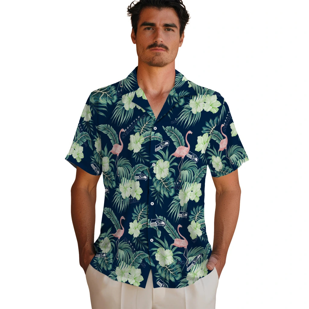 Seattle Seahawks Hawaiian Shirt - Flamingo and Hibiscus | Hula Hawaiian Shirts