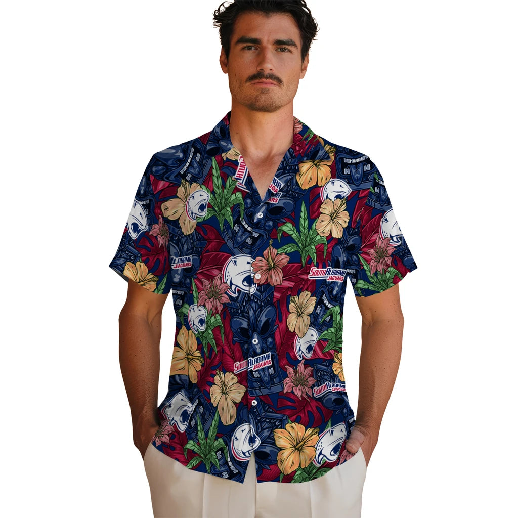 South Alabama Jaguars Hawaiian Shirt - Hibiscus Tiki Jungle | Hula Hawaiian Shirts