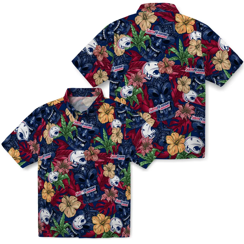 South Alabama Jaguars Hawaiian Shirt - Hibiscus Tiki Jungle | Hula Hawaiian Shirts