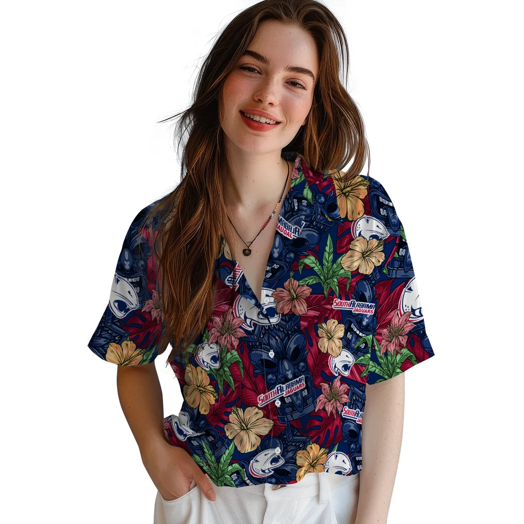 South Alabama Jaguars Hawaiian Shirt - Hibiscus Tiki Jungle | Hula Hawaiian Shirts
