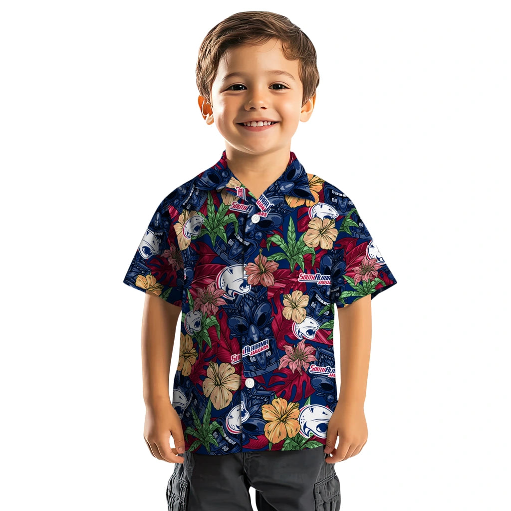 South Alabama Jaguars Hawaiian Shirt - Hibiscus Tiki Jungle | Hula Hawaiian Shirts