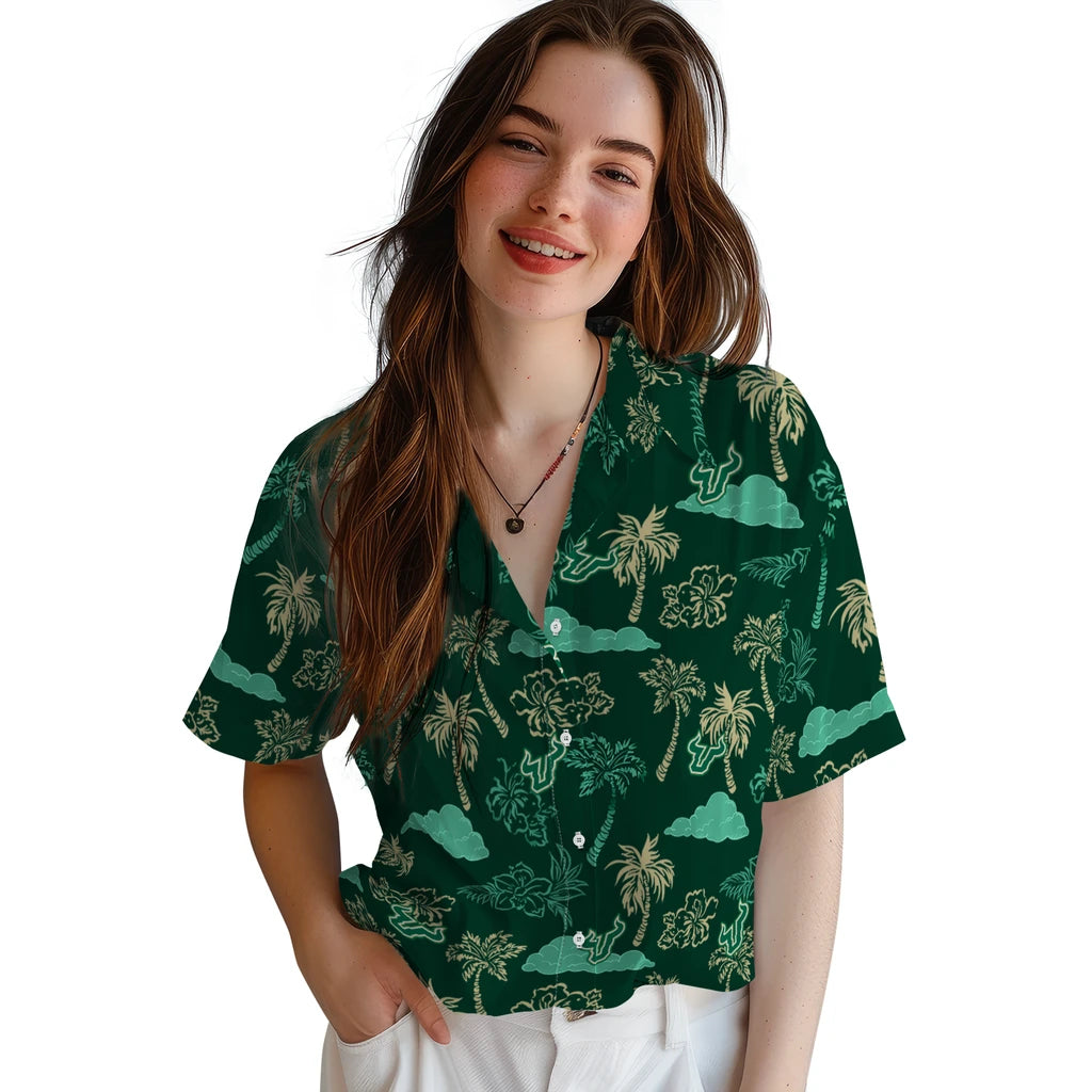 South Florida Bulls Hawaiian Shirt - Palm And Clouds | Hula Hawaiian Shirts