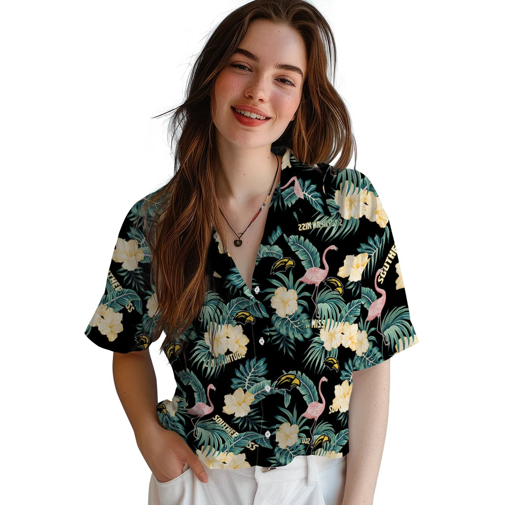 Southern Miss Golden Eagles Hawaiian Shirt - Flamingo and Hibiscus | Hula Hawaiian Shirts
