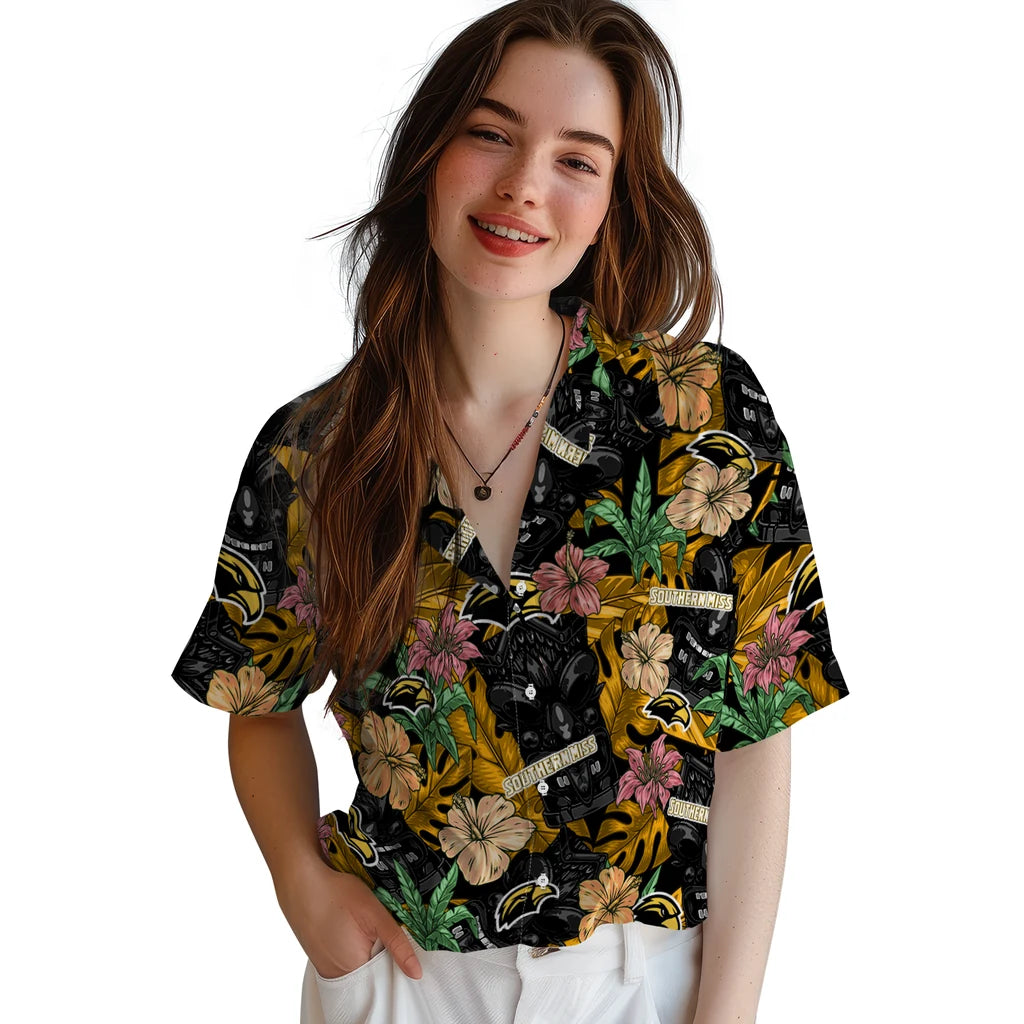 Southern Miss Golden Eagles Hawaiian Shirt - Hibiscus Tiki Jungle | Hula Hawaiian Shirts