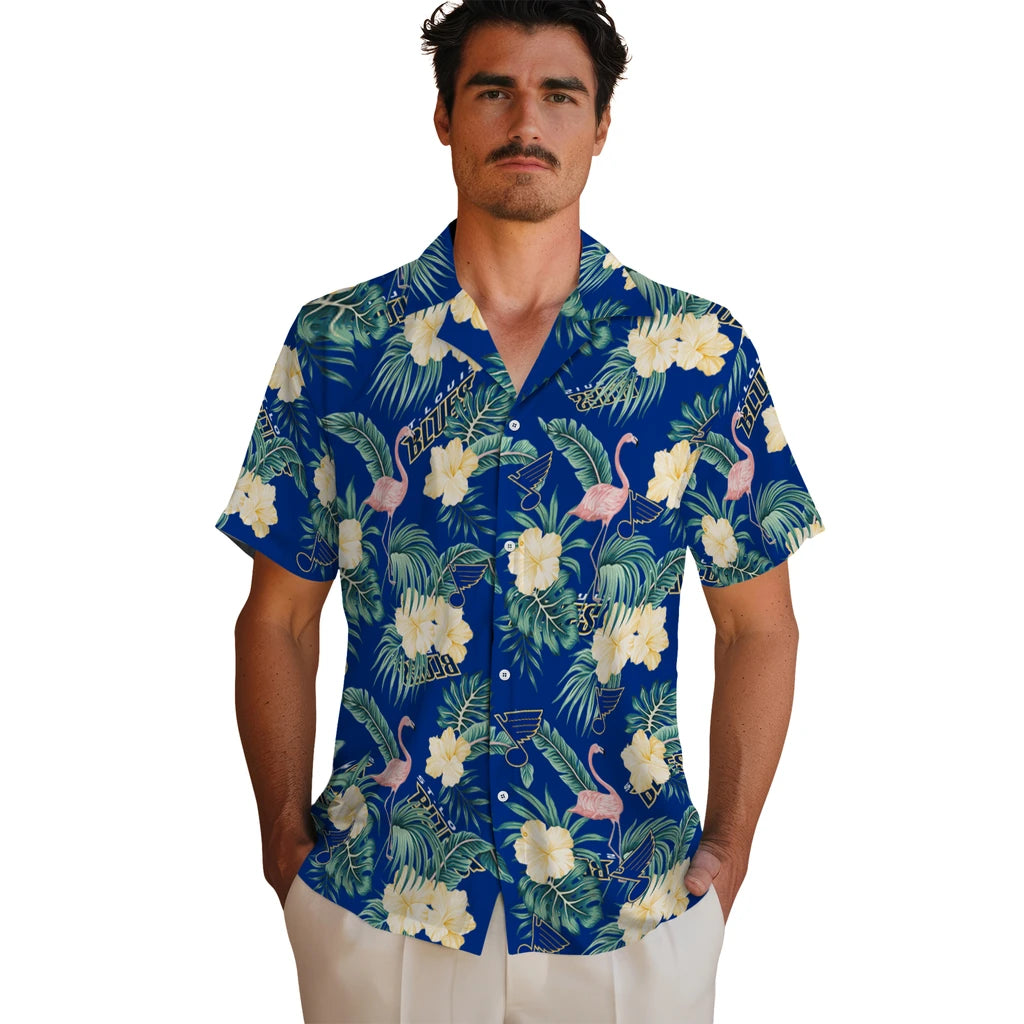 St. Louis Blues Hawaiian Shirt - Flamingo and Hibiscus | Hula Hawaiian Shirts