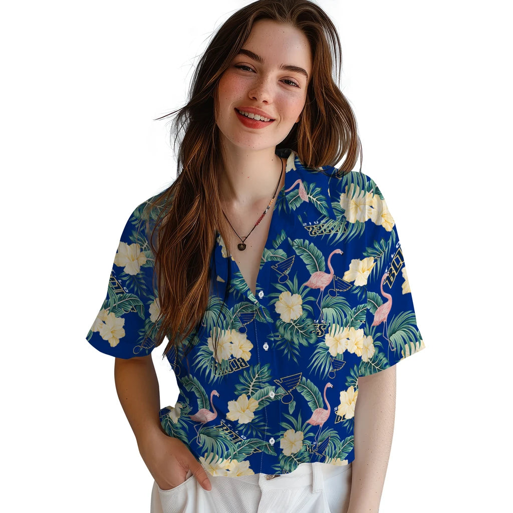 St. Louis Blues Hawaiian Shirt - Flamingo and Hibiscus | Hula Hawaiian Shirts