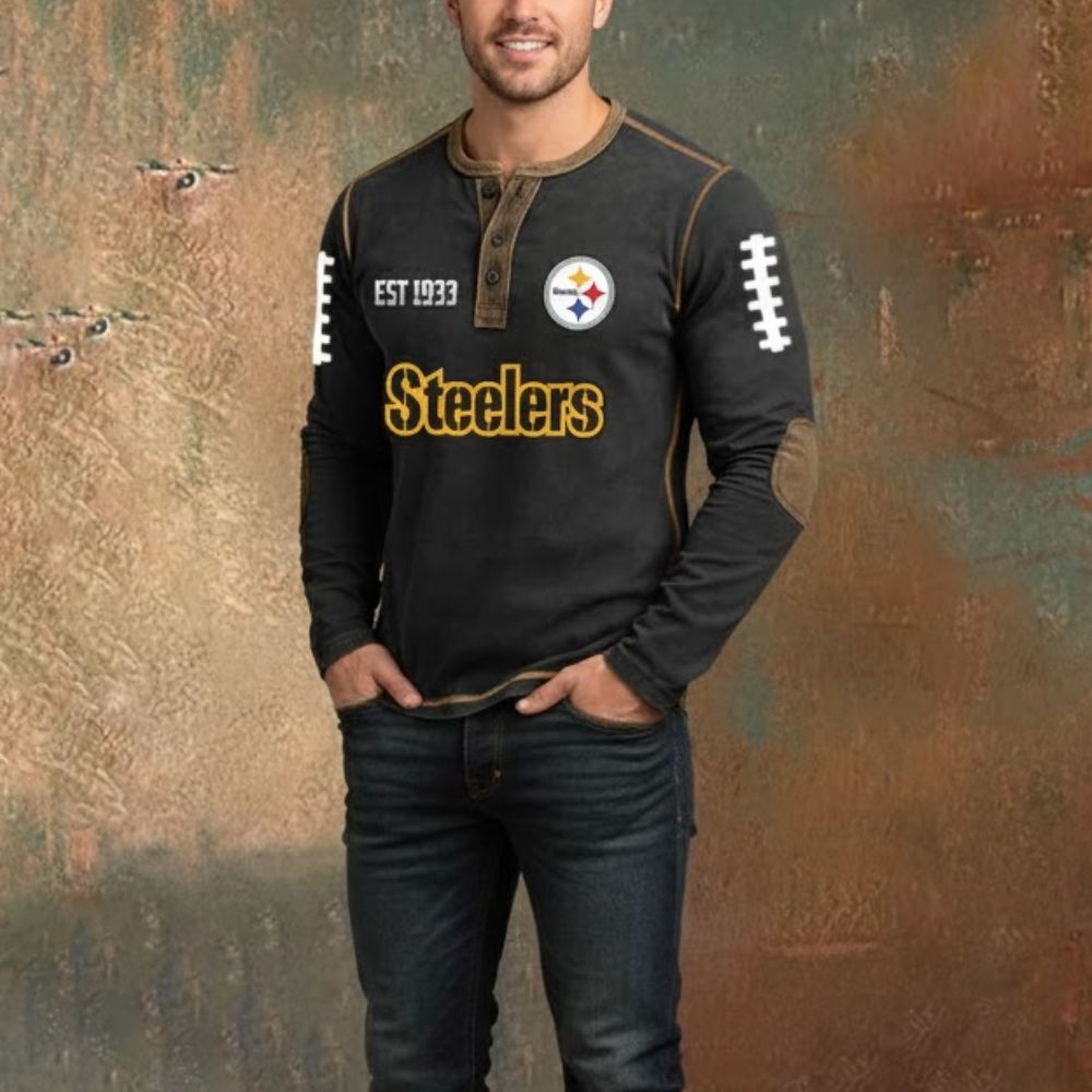 Pittsburgh Steelers Vintage Long Sleeve Henley – Est. 1933 Black Gold Football Shirt - LeagueLockerGear