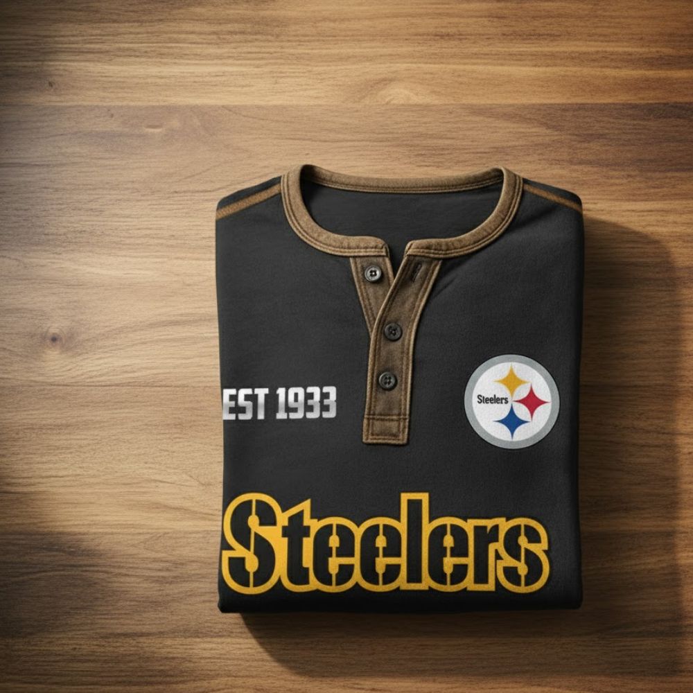 Pittsburgh Steelers Vintage Long Sleeve Henley – Est. 1933 Black Gold Football Shirt - LeagueLockerGear
