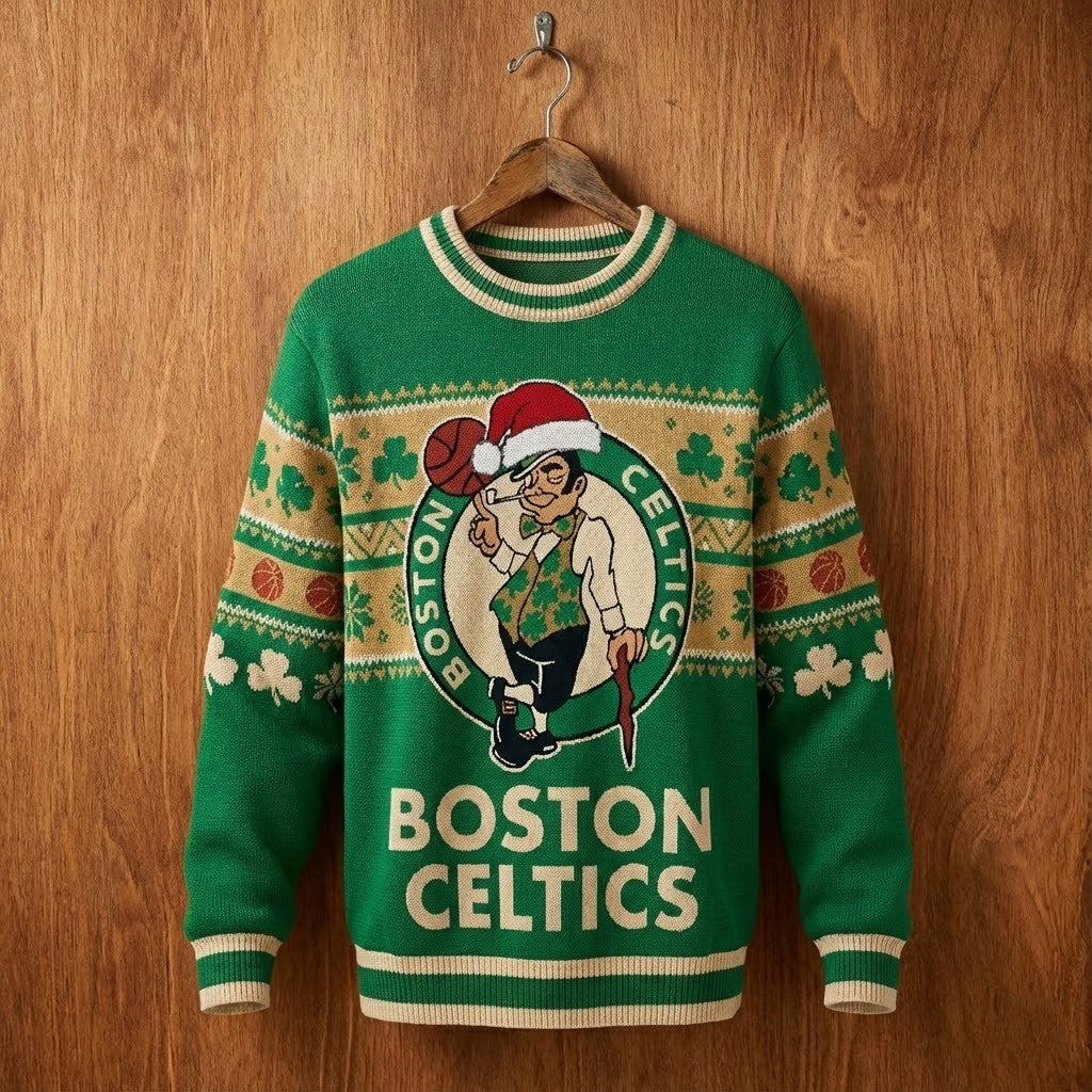 Boston Celtics Ugly Christmas Sweater – Lucky The Leprechaun Holiday Knit Green Shamrock Fan Apparel NBA - LeagueLockerGear