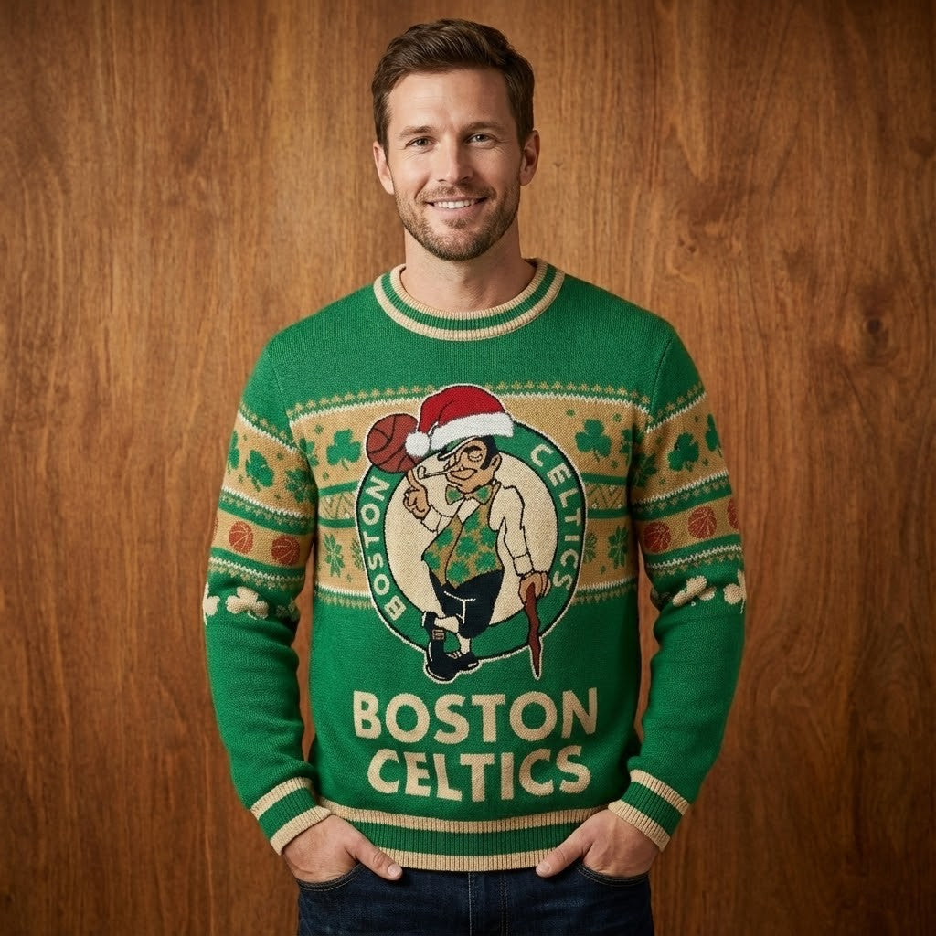 Boston Celtics Ugly Christmas Sweater – Lucky The Leprechaun Holiday Knit Green Shamrock Fan Apparel NBA - LeagueLockerGear