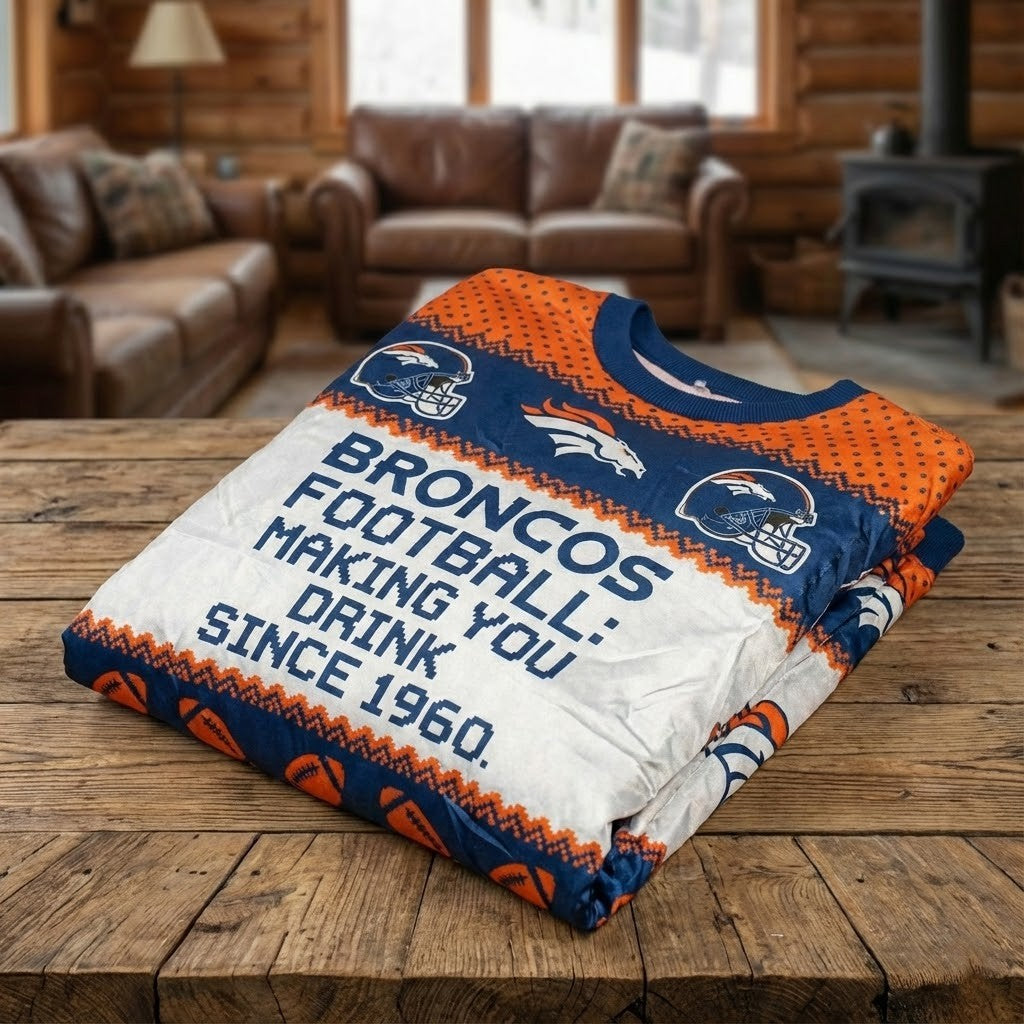 Personalized Denver Broncos NFL Ugly Christmas Sweater – “Making You Drink Since 1960” Customize Quote - LeagueLockerGear