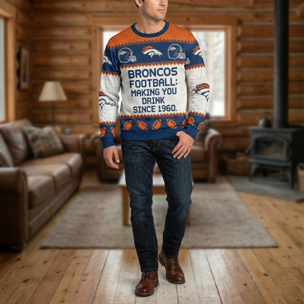 Personalized Denver Broncos NFL Ugly Christmas Sweater – “Making You Drink Since 1960” Customize Quote - LeagueLockerGear