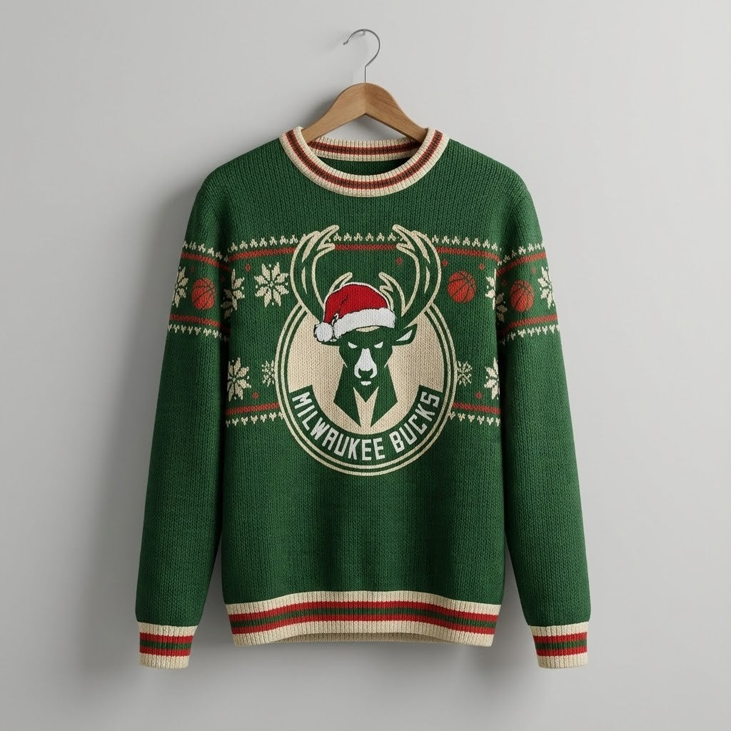 Milwaukee Bucks Ugly Christmas Sweater – Deer Head Santa Hat Jumper Green & Cream Knitted Fan Gear NBA - LeagueLockerGear