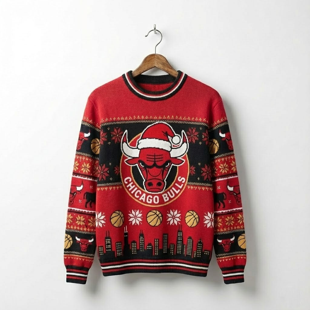 Chicago Bulls Ugly Christmas Sweater – Santa Bull Skyline Jumper Red & Black Iconic Fan Apparel NBA - LeagueLockerGear