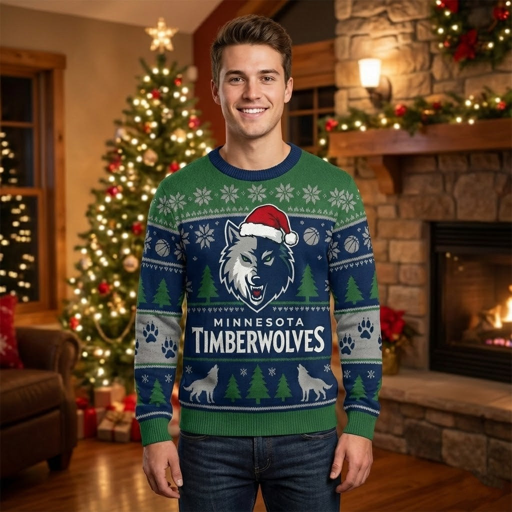 Minnesota Timberwolves Ugly Christmas Sweater – Howling Wolf Green & Blue Winter Theme Fan Gear NBA - LeagueLockerGear