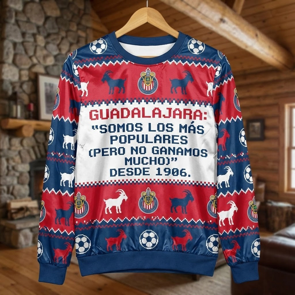 Chivas Guadalajara Liga MX Ugly Christmas Sweater – “Somos Los Más Populares” Iconic Red & White Fan Knit - LeagueLockerGear