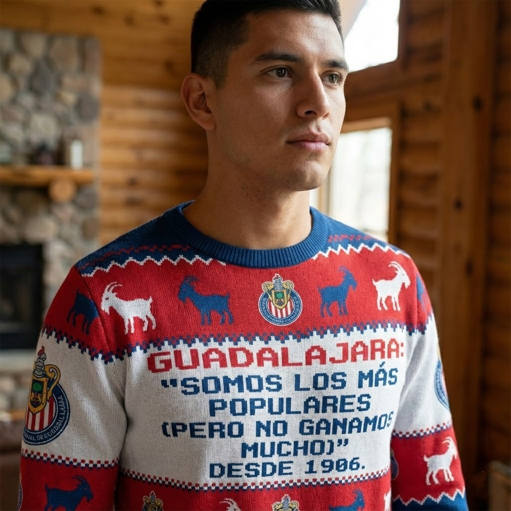 Chivas Guadalajara Liga MX Ugly Christmas Sweater – “Somos Los Más Populares” Iconic Red & White Fan Knit - LeagueLockerGear