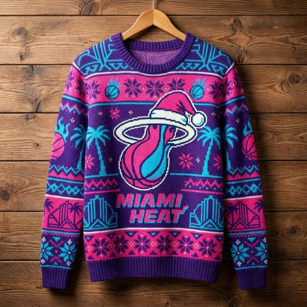 Miami Heat Ugly Christmas Sweater – NBA Vice City Neon Holiday Exclusive Edition - LeagueLockerGear