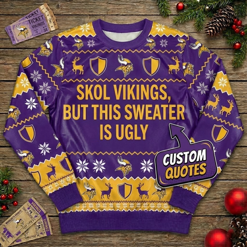 Personalized Minnesota Vikings Ugly Christmas Sweater - DIY Text Skol Nation Purple Pride Sweatshirt - LeagueLockerGear