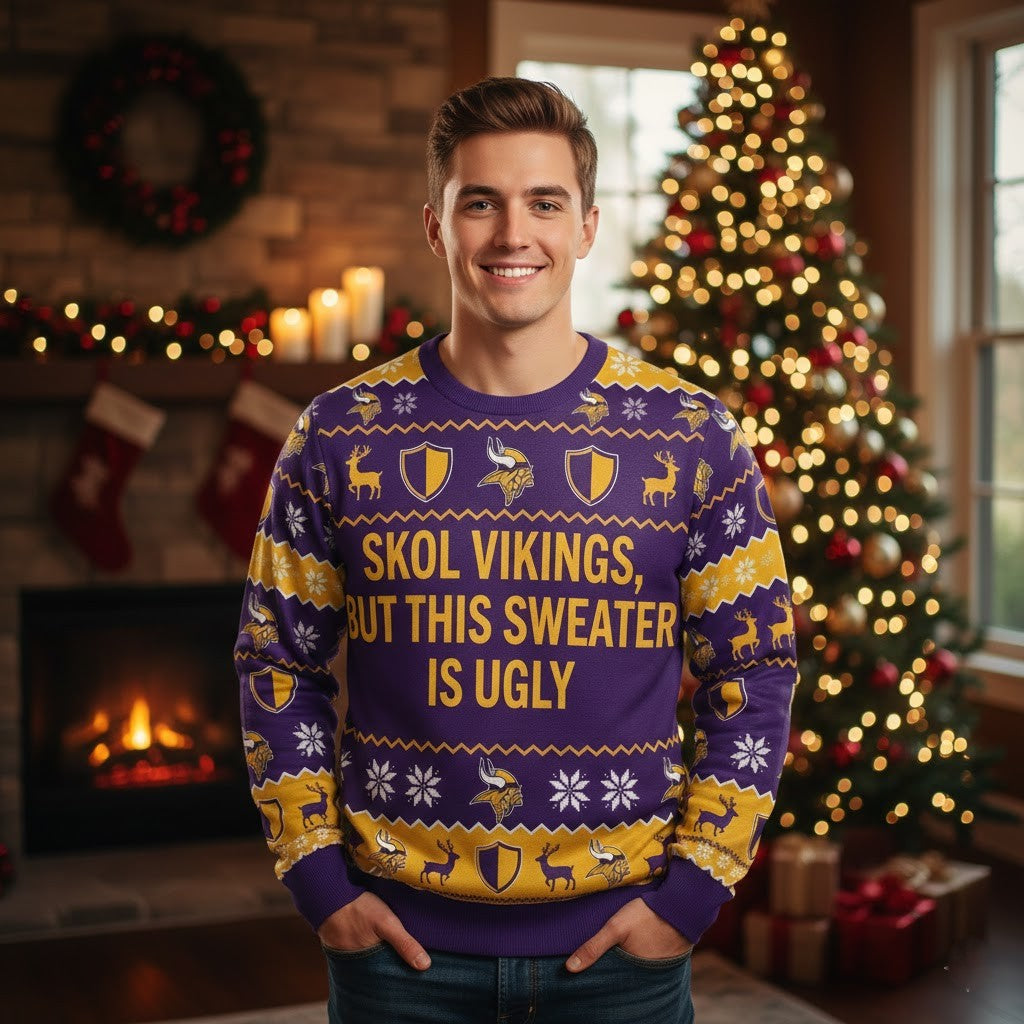 Personalized Minnesota Vikings Ugly Christmas Sweater - DIY Text Skol Nation Purple Pride Sweatshirt - LeagueLockerGear