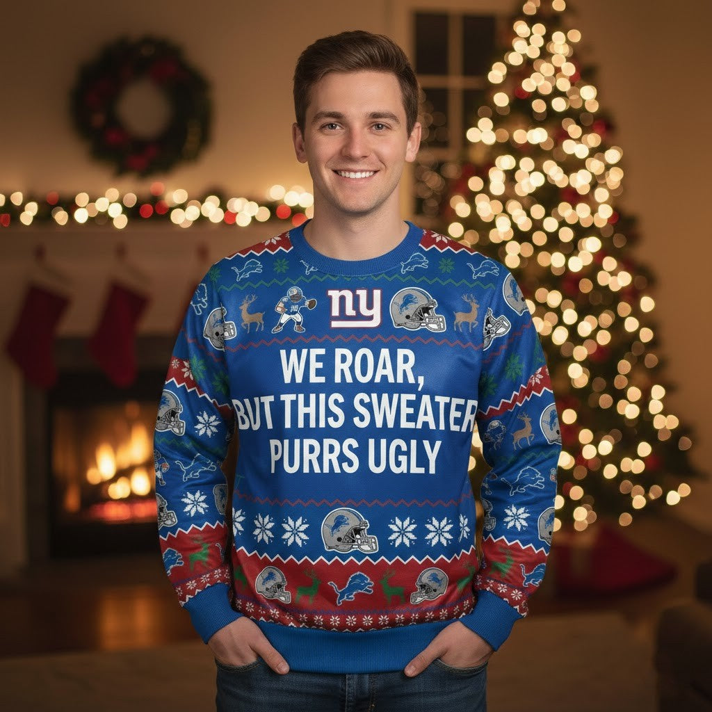 Personalized NY Giants Ugly Christmas Sweater - Big Blue Wrecking Crew Custom Holiday Jumper - LeagueLockerGear