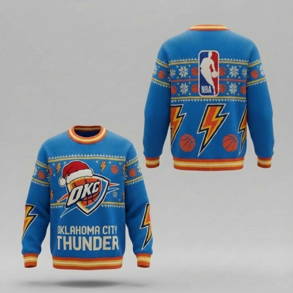 OKC Thunder Ugly Christmas Sweater – Lightning Bolt Holiday Exclusive Basketball Fan Gear NBA - LeagueLockerGear