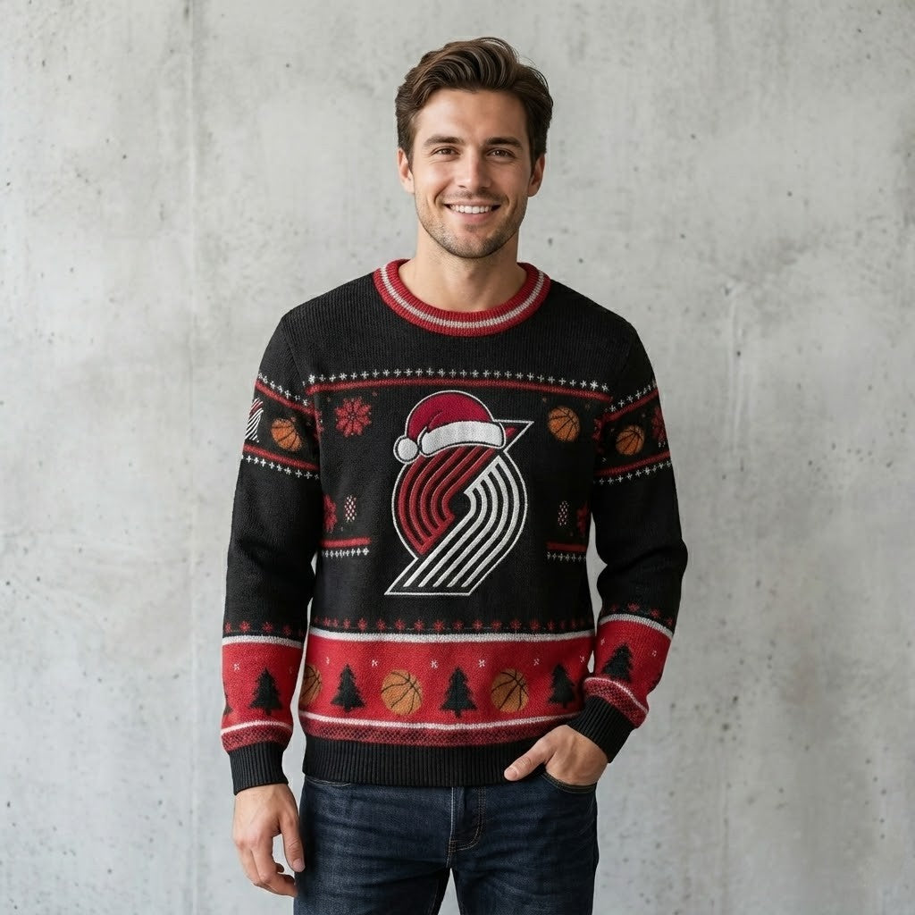 Portland Trail Blazers Ugly Christmas Sweater – Rip City Holiday Knit Red & Black Logo Christmas Apparel NBA - LeagueLockerGear