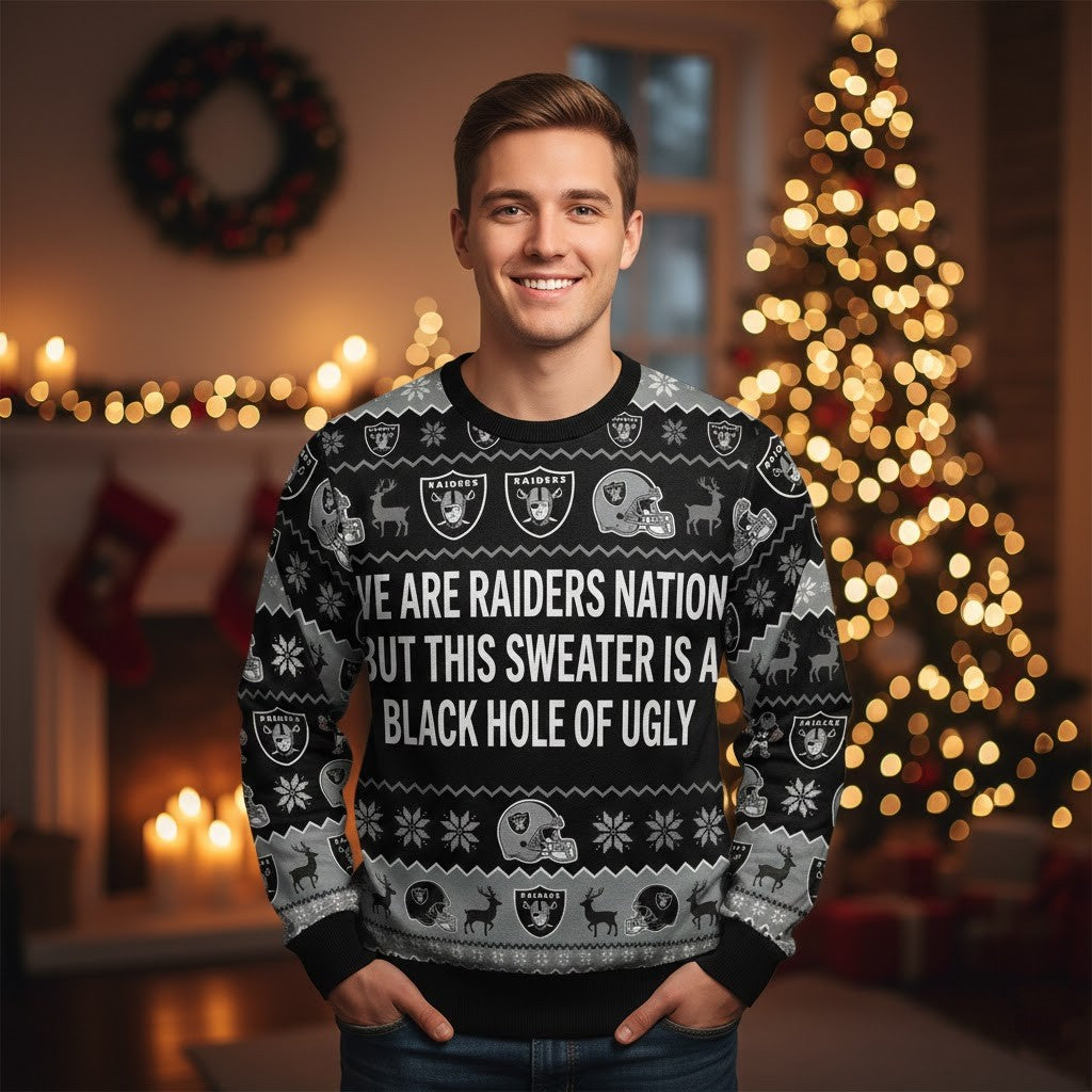 Personalized Las Vegas Raiders Ugly Christmas Sweater - Custom Quote Raider Nation Black Hole Fan Gift - LeagueLockerGear