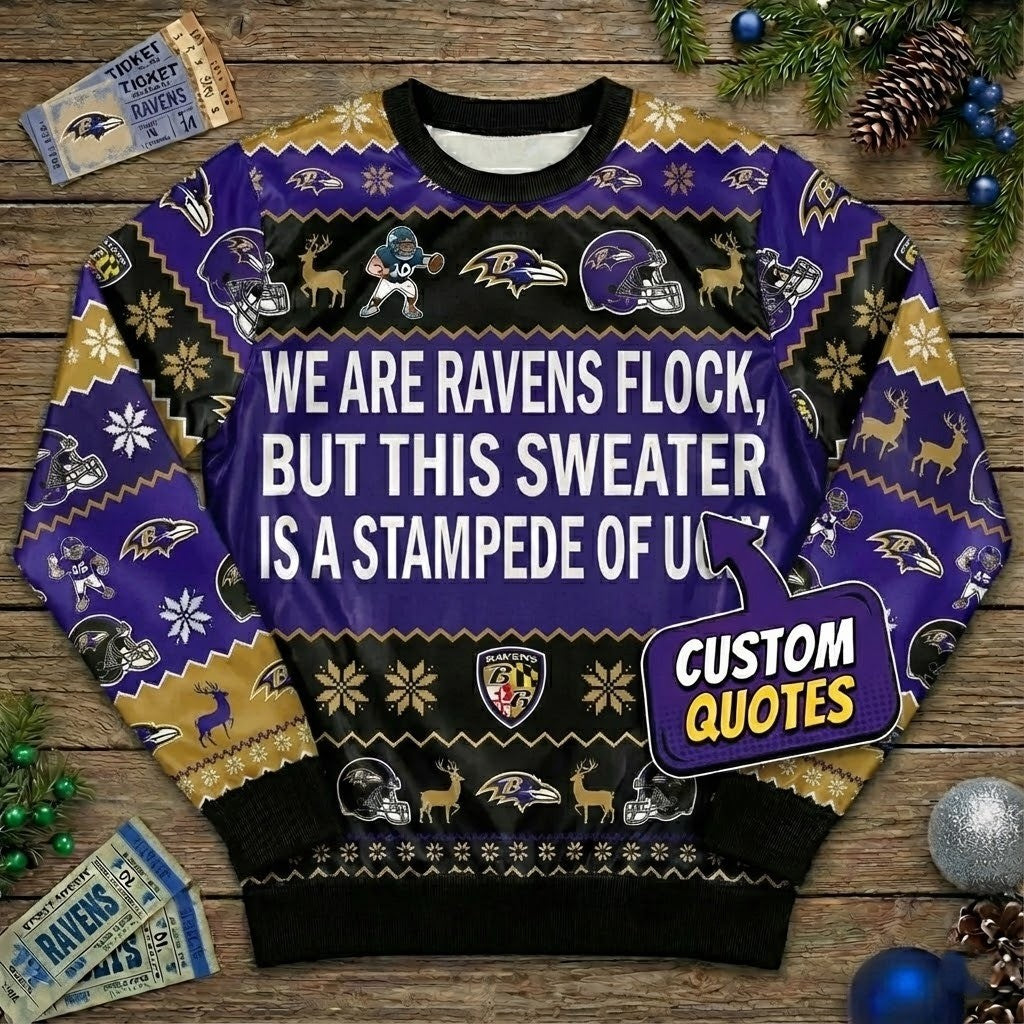 Personalized Baltimore Ravens Ugly Christmas Sweater - Custom Text Ravens Flock Purple Friday Gift - LeagueLockerGear