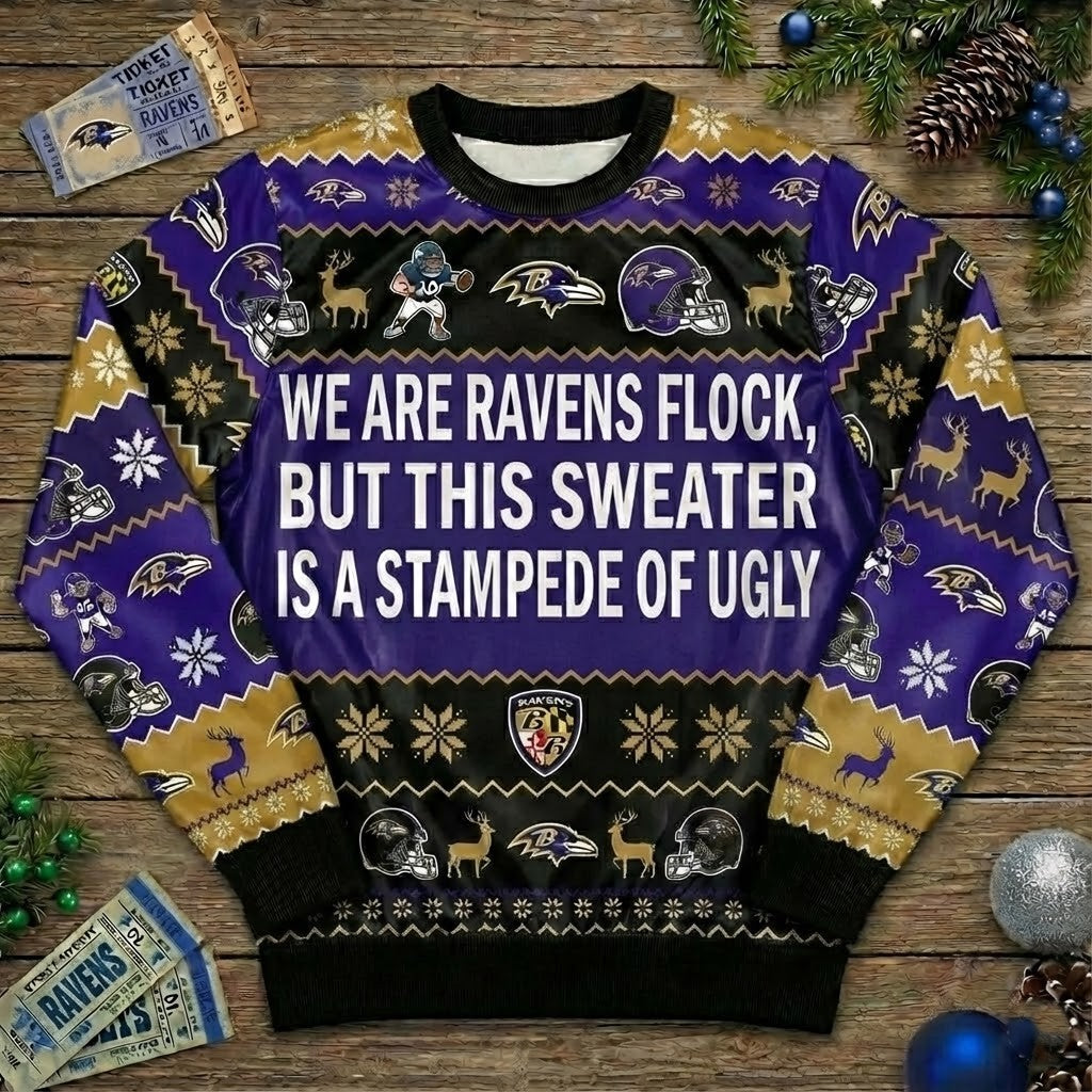 Personalized Baltimore Ravens Ugly Christmas Sweater - Custom Text Ravens Flock Purple Friday Gift - LeagueLockerGear