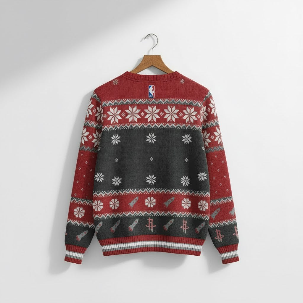 Houston Rockets Ugly Christmas Sweater – NBA Rocket Ship Holiday Jumper Red & Black Snowflake Fan Gear - LeagueLockerGear