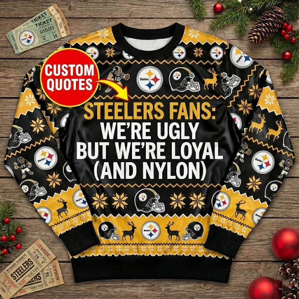 Personalized Pittsburgh Steelers Ugly Christmas Sweater - Funny Custom Text Steel Curtain Black and Gold Shirt - LeagueLockerGear
